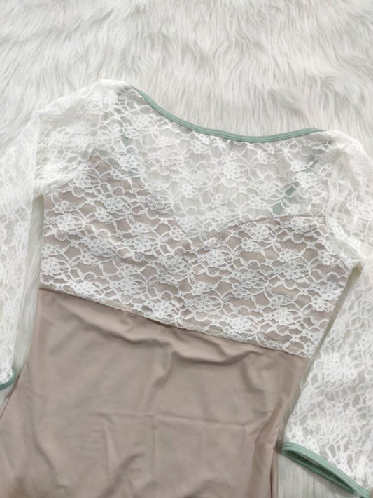 Chic Lace Long Sleeve Leotard♡Beige