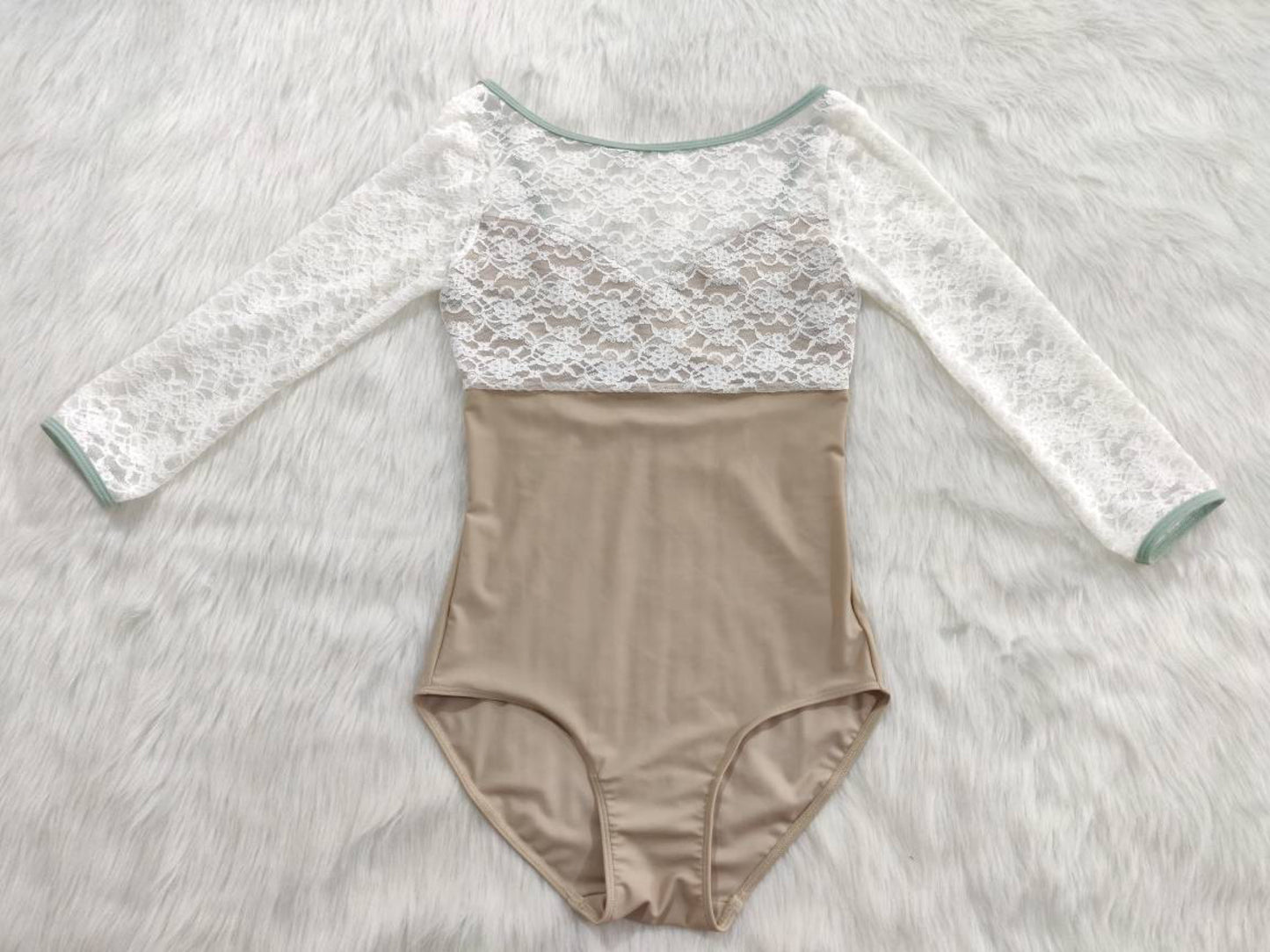 Chic Lace Long Sleeve Leotard♡Beige