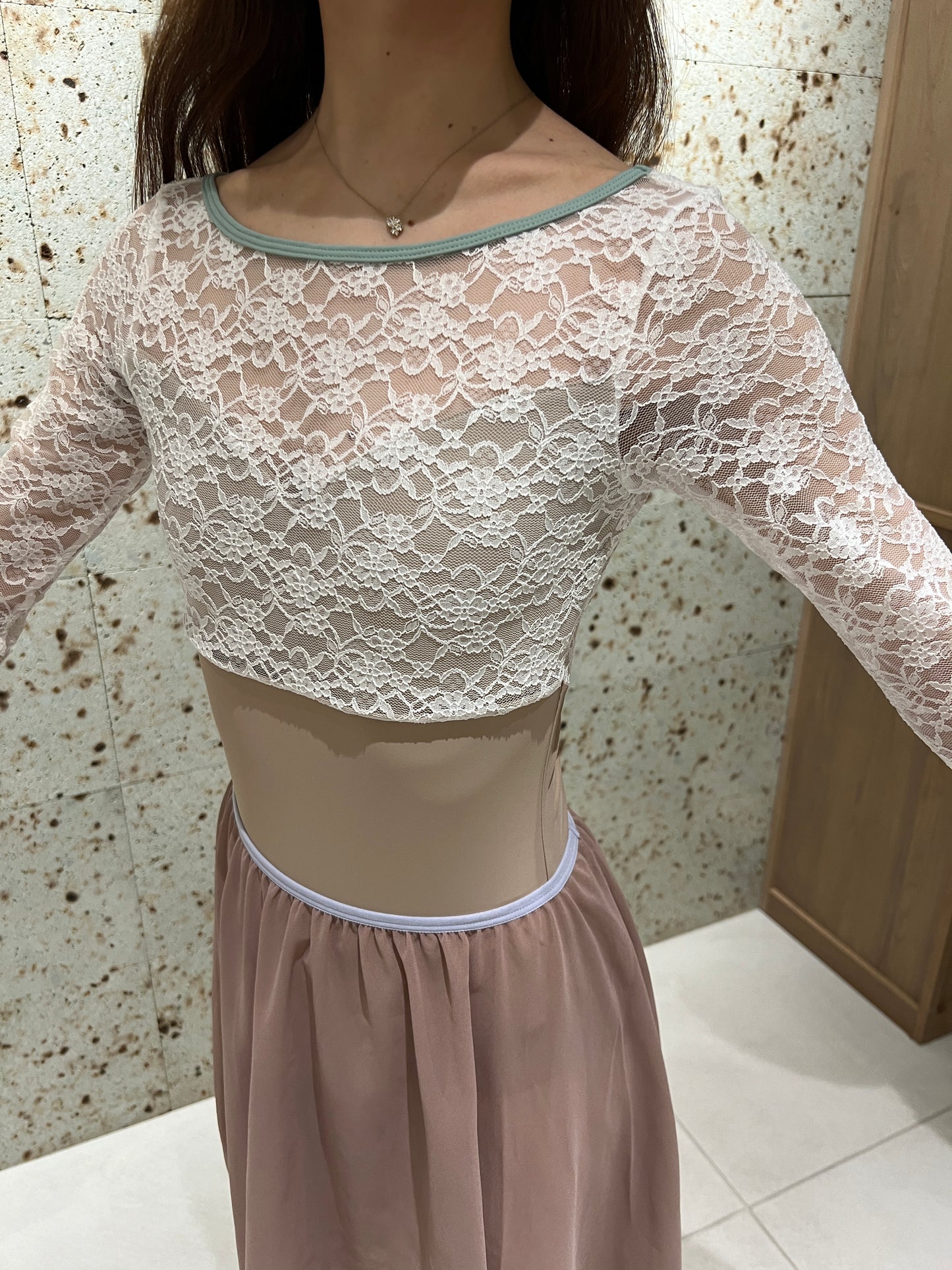 Chic Lace Long Sleeve Leotard♡Beige