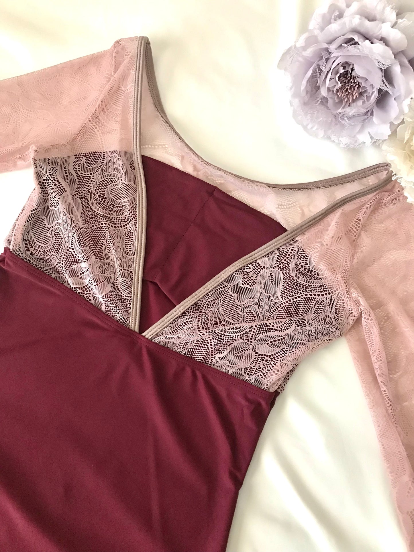 Lovely Lace 3/4 Sleeve Leotard  ( Wine )